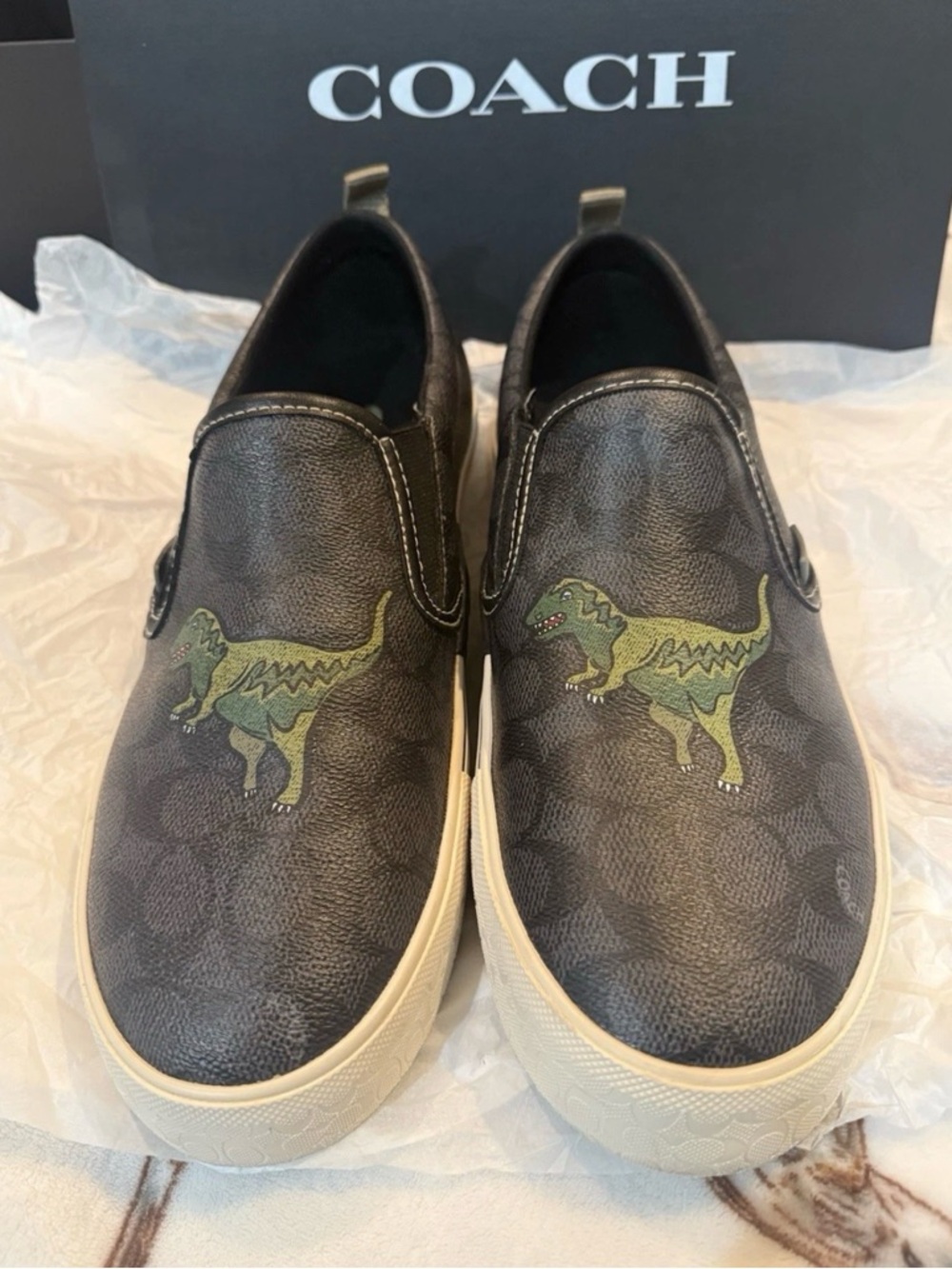 Coach Black Slip-On Sneakers with Green Dinosaur Graphic